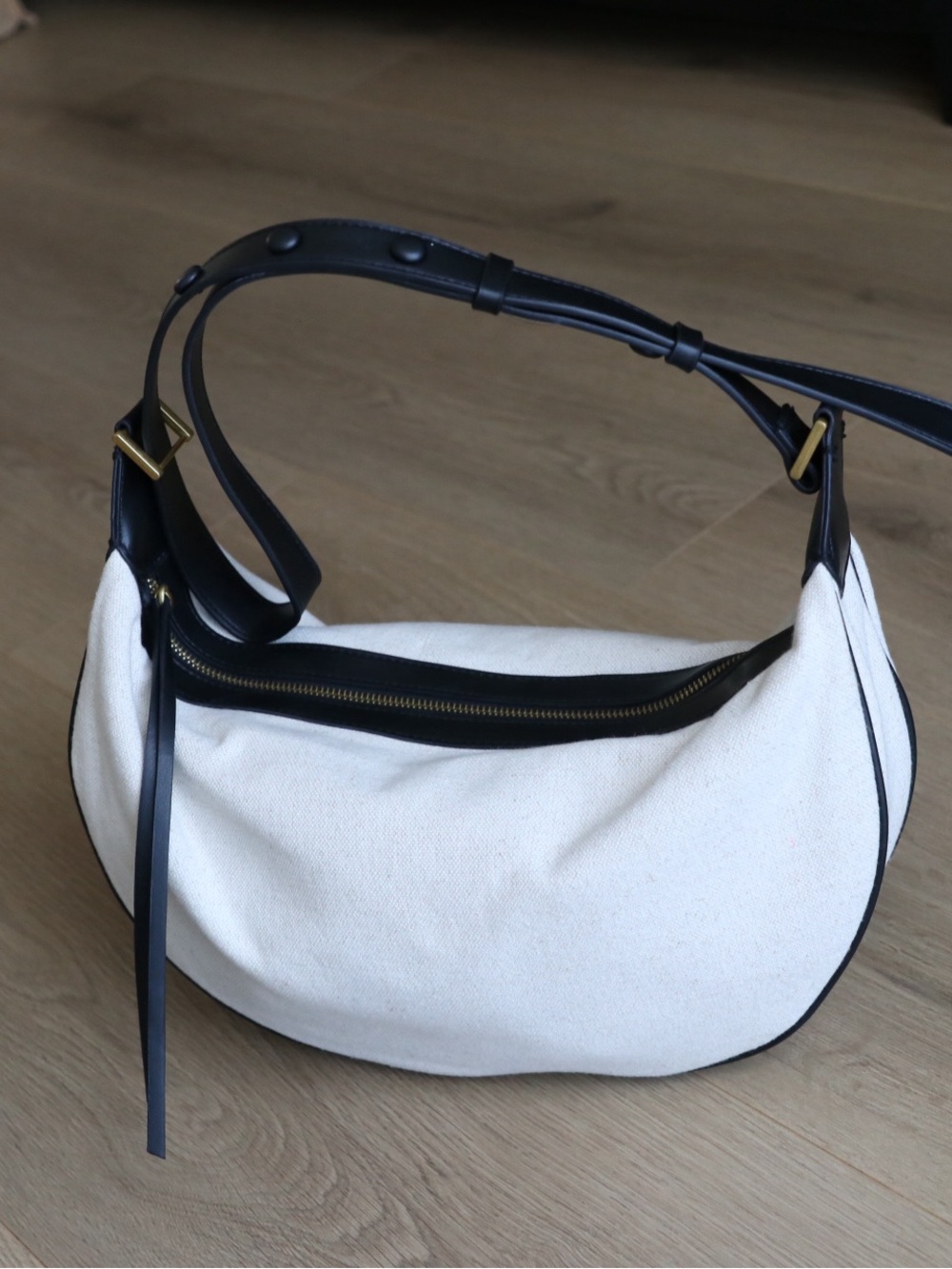 Zara Linen Cotton Oval Hobo Shoulder Bag Cream Black - Picture 3 of 15